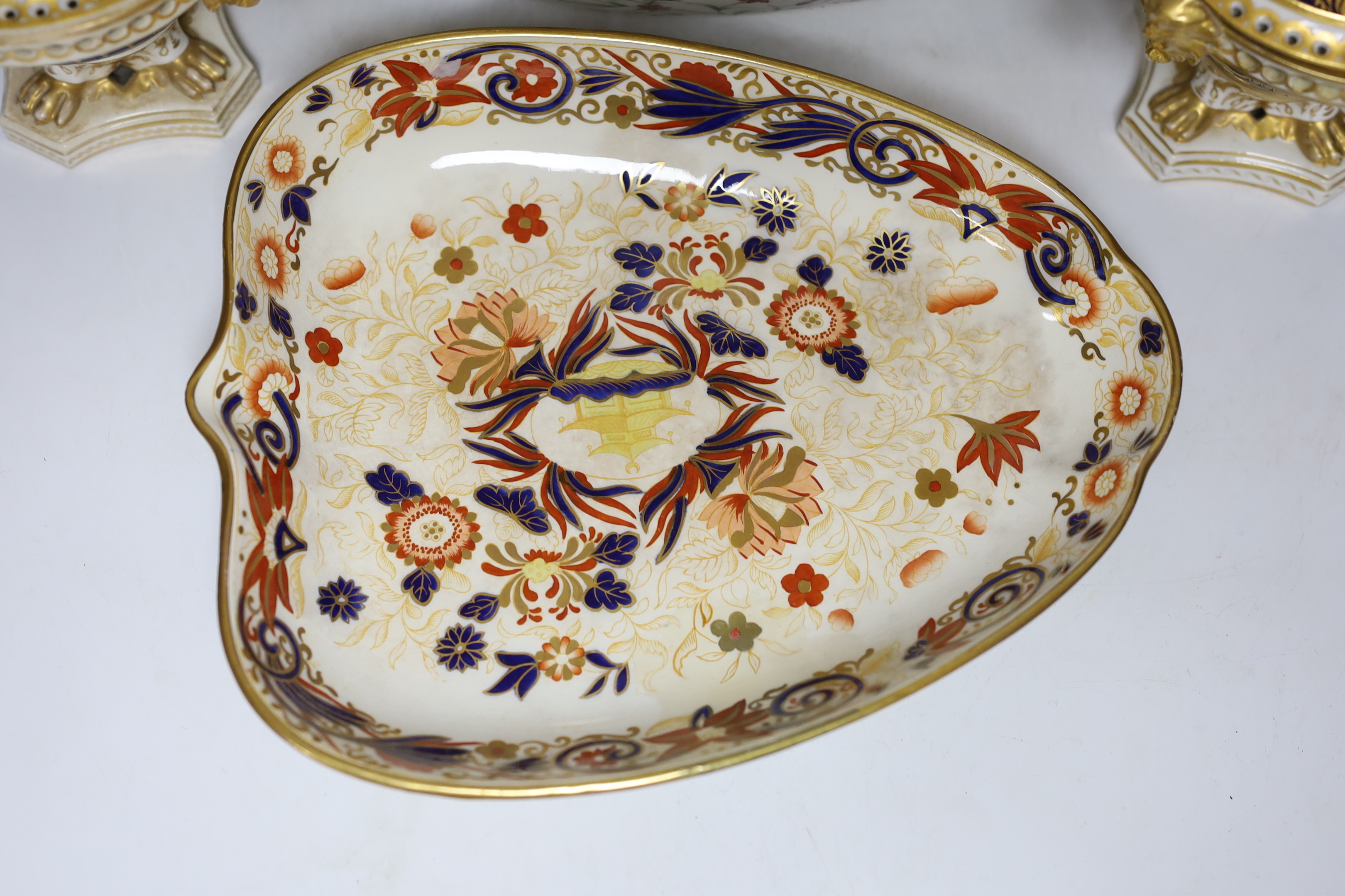A pair of 19th century Derby pot pourri, a Wedgwood Imari dish, an early 19th century Paris porcelain dish and a Limoges trinket box
